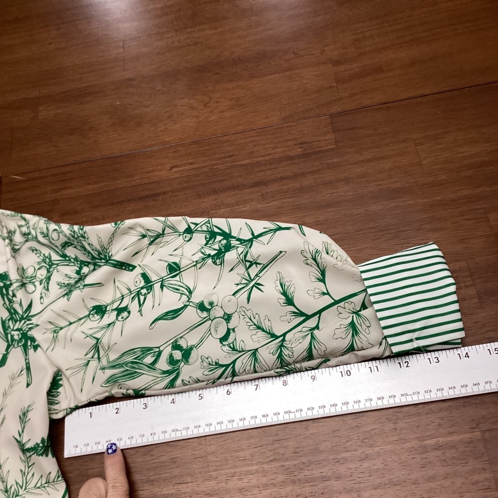 Botanical Herbal Print Long Sleeve Top Green Striped Accents Womens Medium - Picture 6 of 7